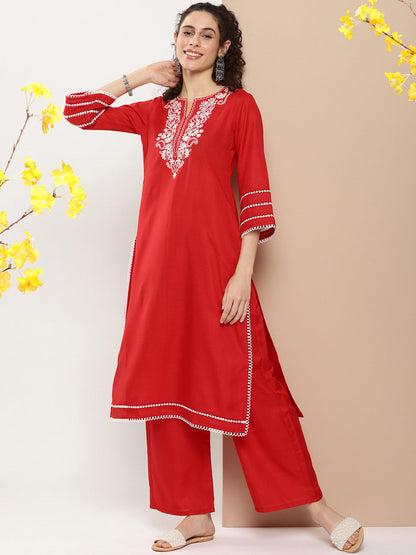 Women's Red Chikankari Neck Embroidered Kurta With Solid Palazzo
