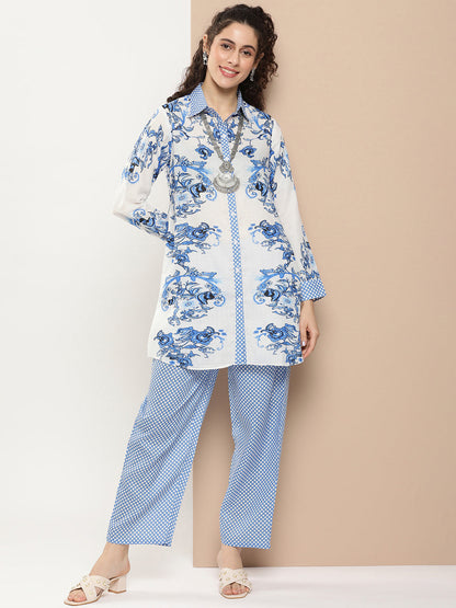 Women's Off White And Blue Floral Print Kurta With Printed Pants