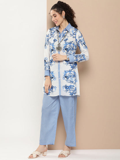 Women's Off White And Blue Floral Print Kurta With Printed Pants