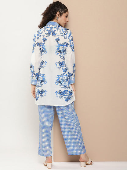 Women's Off White And Blue Floral Print Kurta With Printed Pants