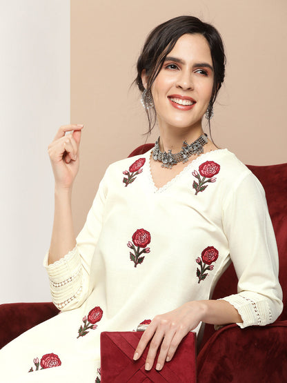Women's Off White Embroidered Kurta With Off White Solid Palazzos
