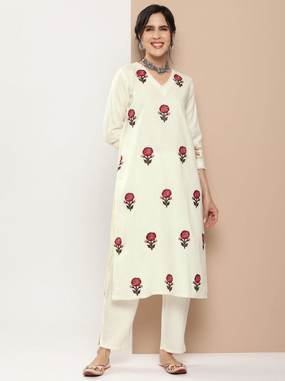 Women's Off White Embroidered Kurta With Off White Solid Palazzos