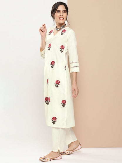 Women's Off White Embroidered Kurta With Off White Solid Palazzos