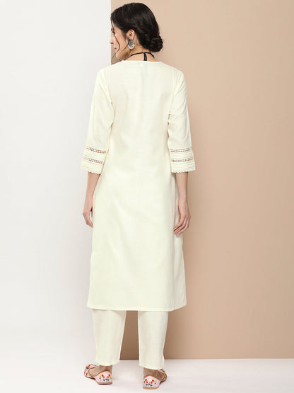Women's Off White Embroidered Kurta With Off White Solid Palazzos