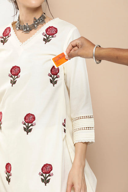 Women's Off White Embroidered Kurta With Off White Solid Palazzos