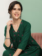Women's Green Embroidered Kurta With Green Solid Palazzo