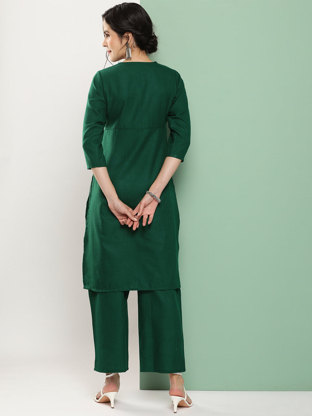 Women's Green Embroidered Kurta With Green Solid Palazzo