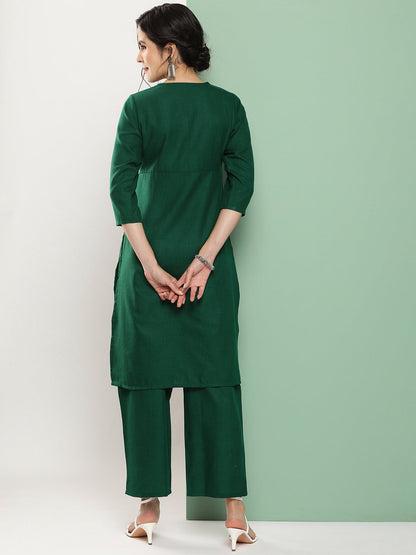 Women's Green Embroidered Kurta With Green Solid Palazzo