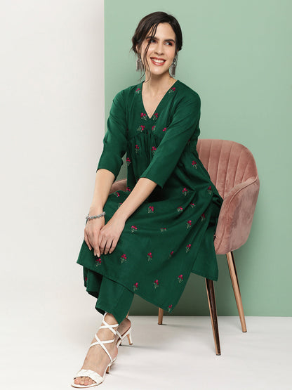 Women's Green Embroidered Kurta With Green Solid Palazzo