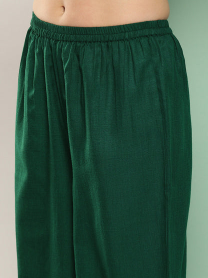 Women's Green Embroidered Kurta With Green Solid Palazzo