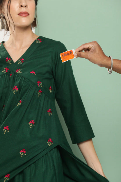 Women's Green Embroidered Kurta With Green Solid Palazzo
