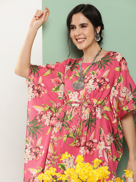Women's Pink Floral Print Kaftan Kurta With Pink Floral Print Palazzo