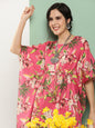 Women's Pink Floral Print Kaftan Kurta With Pink Floral Print Palazzo