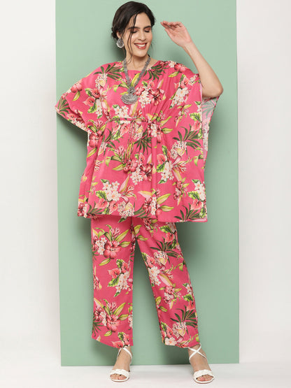 Women's Pink Floral Print Kaftan Kurta With Pink Floral Print Palazzo