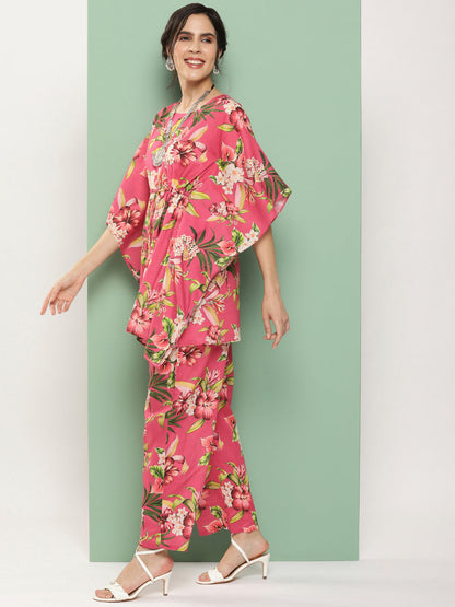 Women's Pink Floral Print Kaftan Kurta With Pink Floral Print Palazzo
