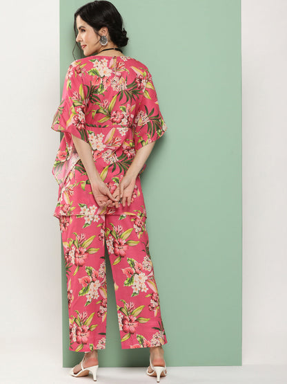 Women's Pink Floral Print Kaftan Kurta With Pink Floral Print Palazzo