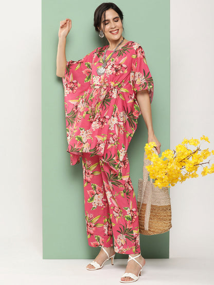 Women's Pink Floral Print Kaftan Kurta With Pink Floral Print Palazzo