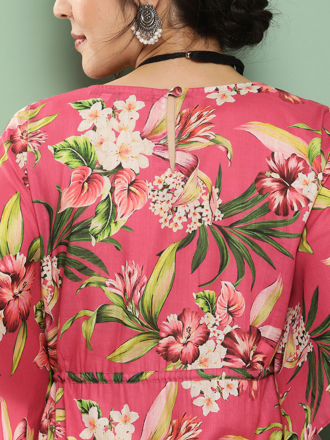 Women's Pink Floral Print Kaftan Kurta With Pink Floral Print Palazzo
