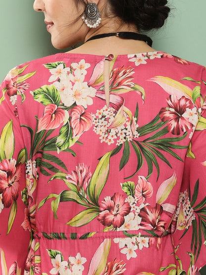 Women's Pink Floral Print Kaftan Kurta With Pink Floral Print Palazzo