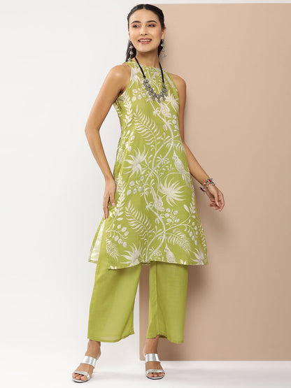 Women's Olive Green Floral Print Kurta With Olive Green Solid Palazzo
