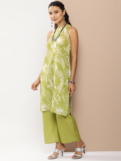 Women's Olive Green Floral Print Kurta With Olive Green Solid Palazzo