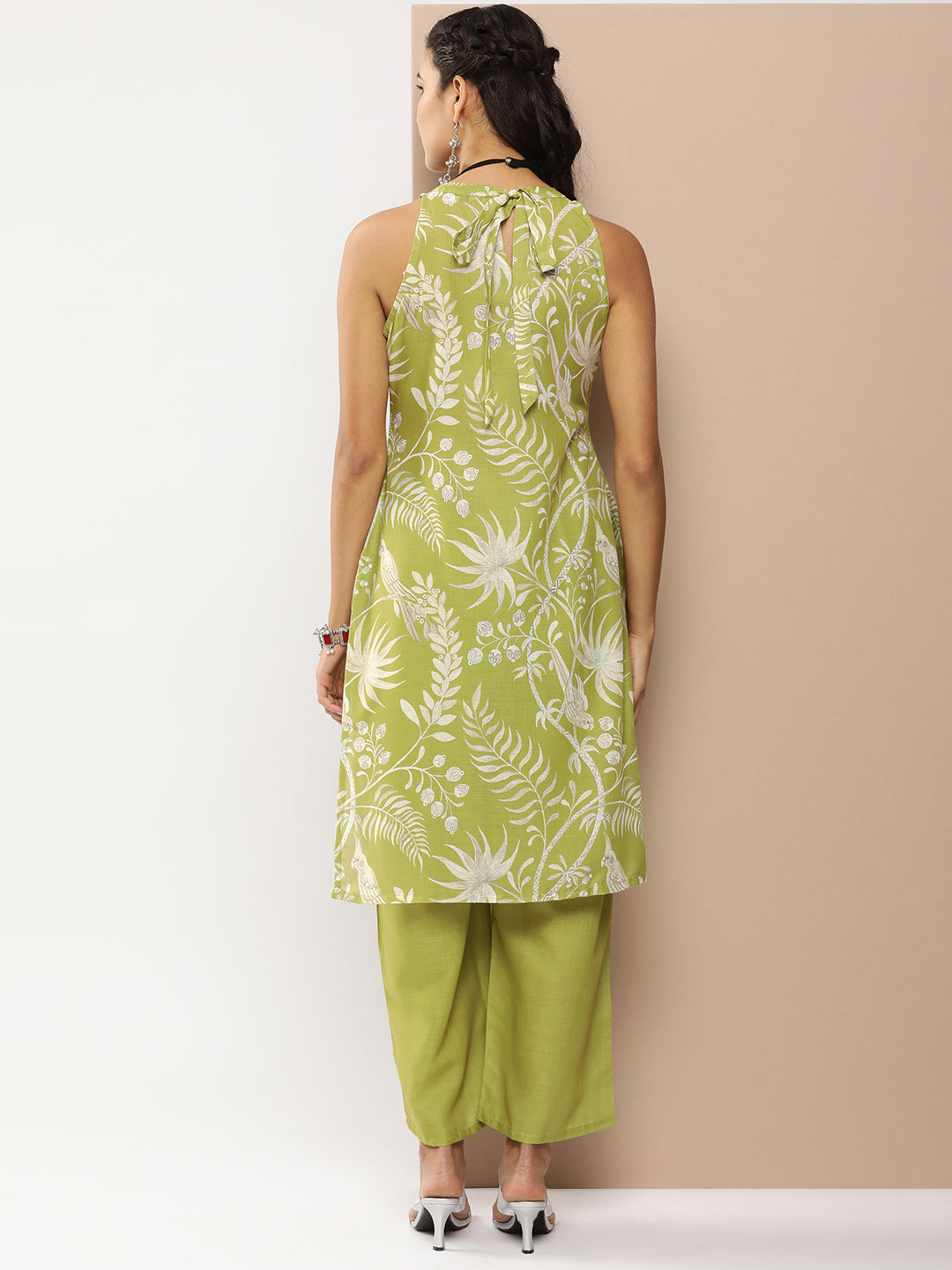 Women's Olive Green Floral Print Kurta With Olive Green Solid Palazzo