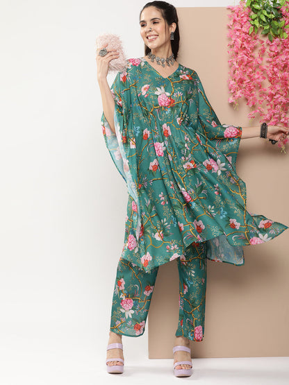 Women's Green Floral Print Kaftan Kurta With Green Floral Print Palazzo