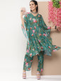 Women's Green Floral Print Kaftan Kurta With Green Floral Print Palazzo