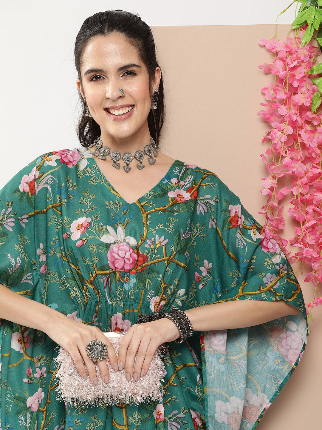 Women's Green Floral Print Kaftan Kurta With Green Floral Print Palazzo