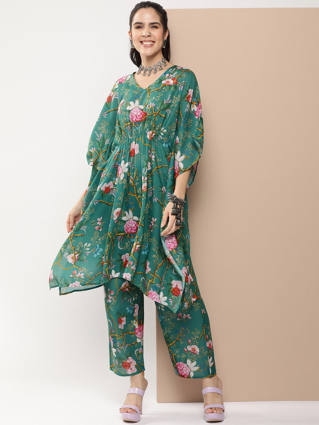 Women's Green Floral Print Kaftan Kurta With Green Floral Print Palazzo