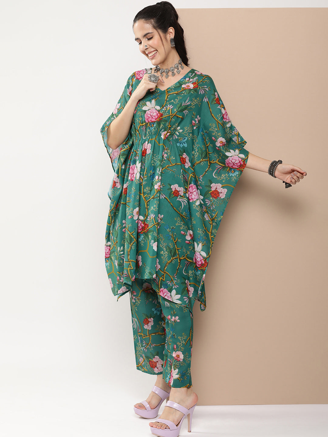 Women's Green Floral Print Kaftan Kurta With Green Floral Print Palazzo