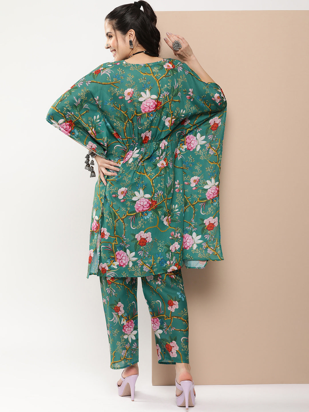 Women's Green Floral Print Kaftan Kurta With Green Floral Print Palazzo