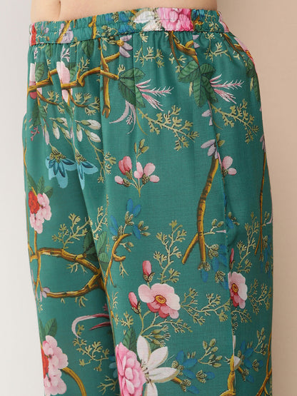 Women's Green Floral Print Kaftan Kurta With Green Floral Print Palazzo