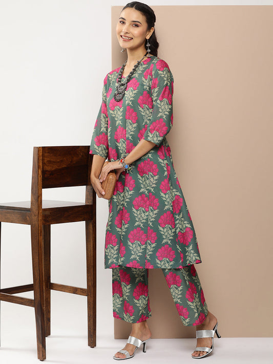 Women's Green Floral Print A-Line Kurta With Green Floral Print Palazzo