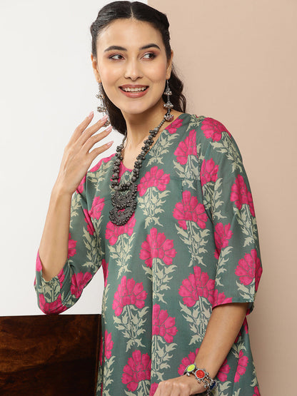 Women's Green Floral Print A-Line Kurta With Green Floral Print Palazzo