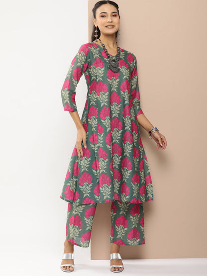 Women's Green Floral Print A-Line Kurta With Green Floral Print Palazzo