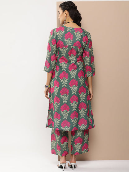 Women's Green Floral Print A-Line Kurta With Green Floral Print Palazzo