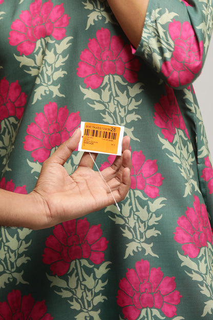 Women's Green Floral Print A-Line Kurta With Green Floral Print Palazzo