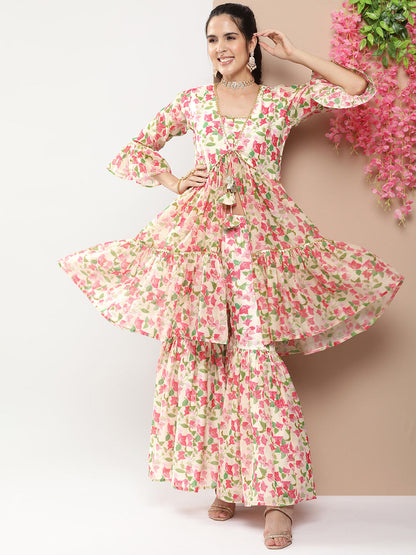 Women's Beige Floral Print Kurta Gotta Patti Details With Beige Floral Print Sharara