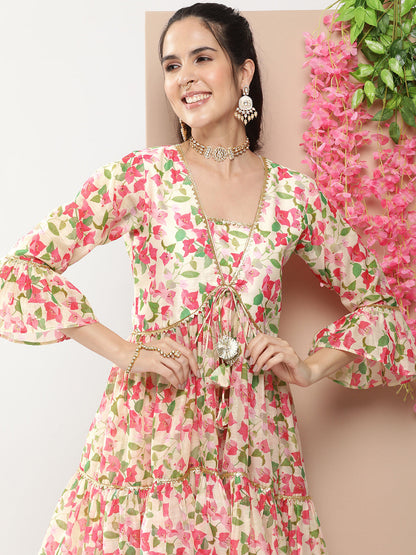 Women's Beige Floral Print Kurta Gotta Patti Details With Beige Floral Print Sharara