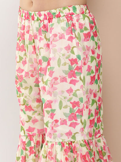 Women's Beige Floral Print Kurta Gotta Patti Details With Beige Floral Print Sharara