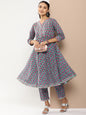 Women's Teal Blue Floral Print Anarkali Kurta With Gotta Patti Details With Teal Blue Floral Print Palazzos