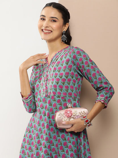Women's Teal Blue Floral Print Anarkali Kurta With Gotta Patti Details With Teal Blue Floral Print Palazzos