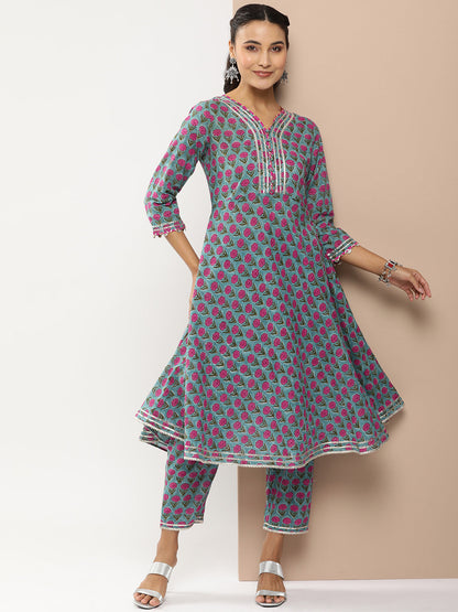 Women's Teal Blue Floral Print Anarkali Kurta With Gotta Patti Details With Teal Blue Floral Print Palazzos