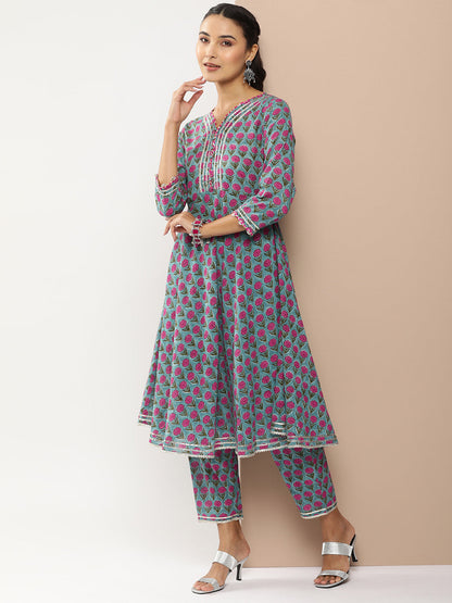 Women's Teal Blue Floral Print Anarkali Kurta With Gotta Patti Details With Teal Blue Floral Print Palazzos