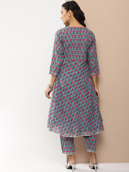 Women's Teal Blue Floral Print Anarkali Kurta With Gotta Patti Details With Teal Blue Floral Print Palazzos