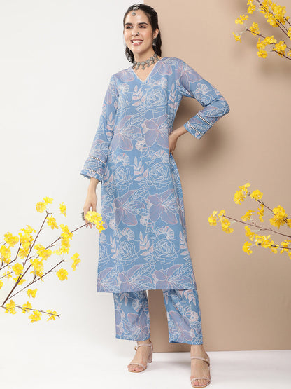 Women's Blue Floral Print Kurta With Lace Details With Blue Floral Print Palazzos