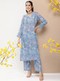 Women's Blue Floral Print Kurta With Lace Details With Blue Floral Print Palazzos