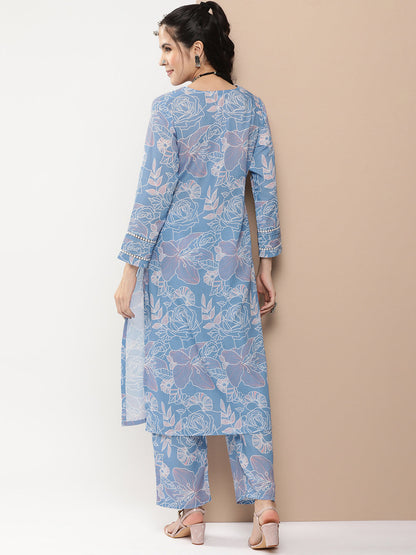 Women's Blue Floral Print Kurta With Lace Details With Blue Floral Print Palazzos