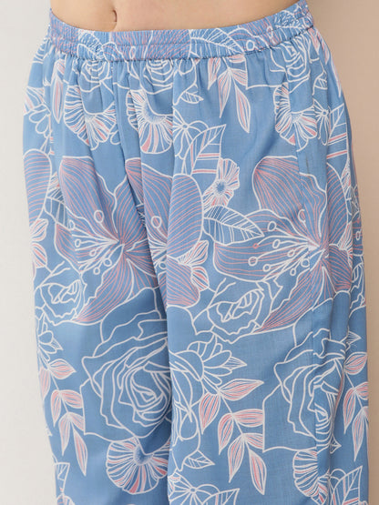 Women's Blue Floral Print Kurta With Lace Details With Blue Floral Print Palazzos
